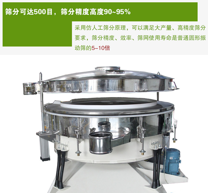 搖擺篩分機采用仿人工篩分原理，可以滿足大產量、高精度篩分 要求，篩分精度、效率、篩網使用壽命是普通圓形振 動篩的5-10倍